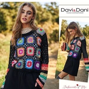 NWT Davi & Dani crocheted Granny Square sweater